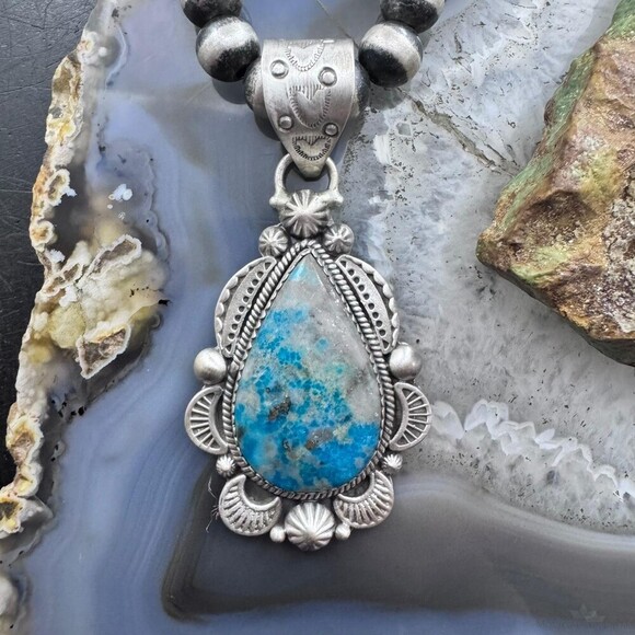 Sterling Silver Southwestern Style Teardrop Iranian Turquoise Decorated Pendant - Picture 1 of 10